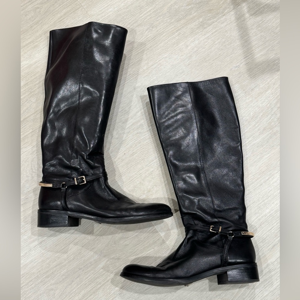 Essex Lane Black Leather Knee Boots with Gold Buckle